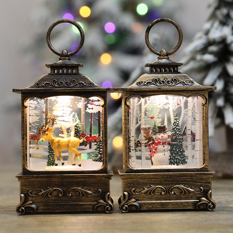 Christmas Gift Square Flat Lantern with Santa Claus and Tree Decoration