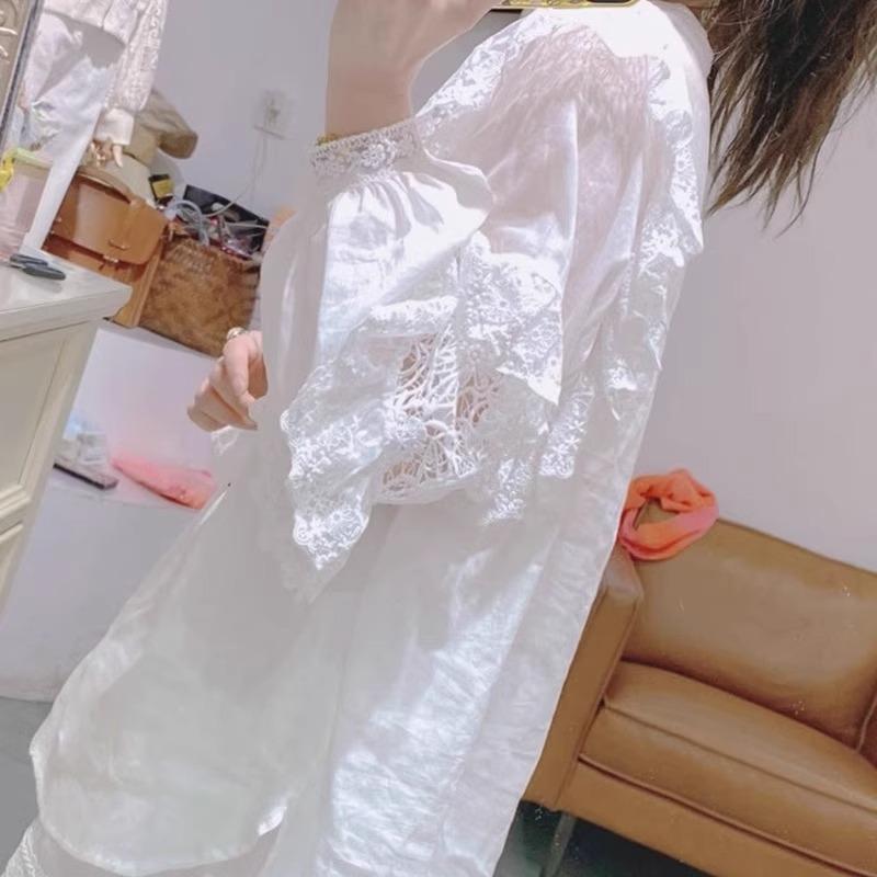 Plus Size Summer Solid Color Lace Patchwork Long Sleeve Loose T-shirt for Women