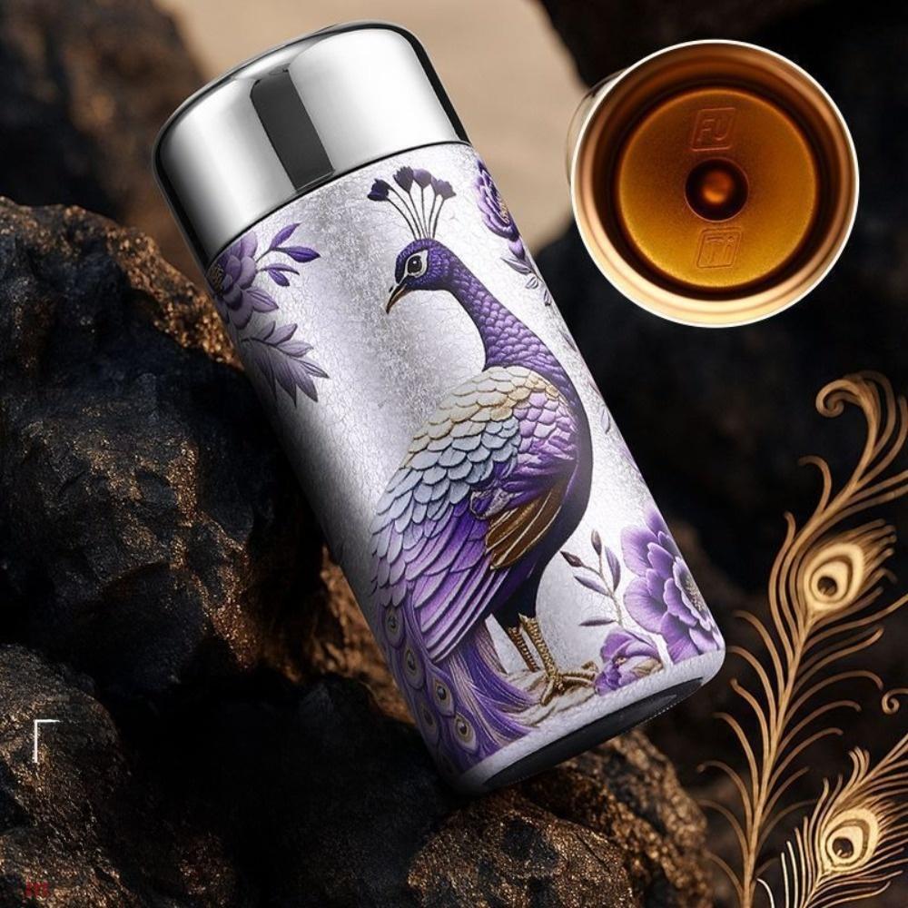 Portable Chinese Style Vacuum Cup 240ML Peacock Pattern Insulated Cup High Capacity Insulation or Cooling Thermal Water Bottle