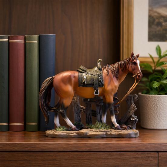 Horse Resin Figurine, Rustic Fence & Galloping Pony Statue Sculpture, Luxury Home Decor for Living Room TV Stand Entryway Wine Cabinet, Unique