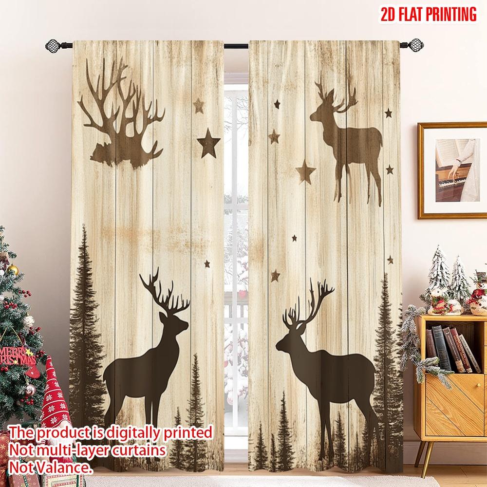 

Set Of 2 Vintage Flat Printing Merry Christmas Scene Curtains Forest Deer Stars Wood Polyester Without Electricity Curtain Made W100*H70(CM)-Rod Pocket&2PCS