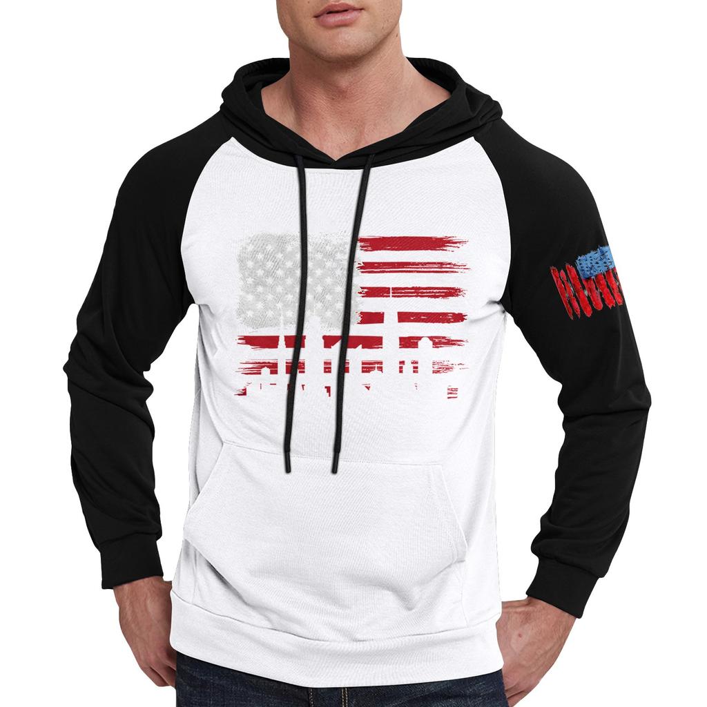 Herren Lässiges Kapuzen-Sweatshirt mit Kordelzug, lang, mit Flaggen-Print und Taschen