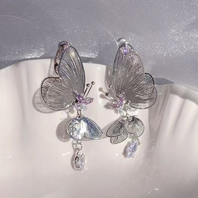 Purple Zircon  Color Hollow Butterfly Tassel Earrings For Women Fashionable Daily Accessory Party Jewelry Birthday Gifts