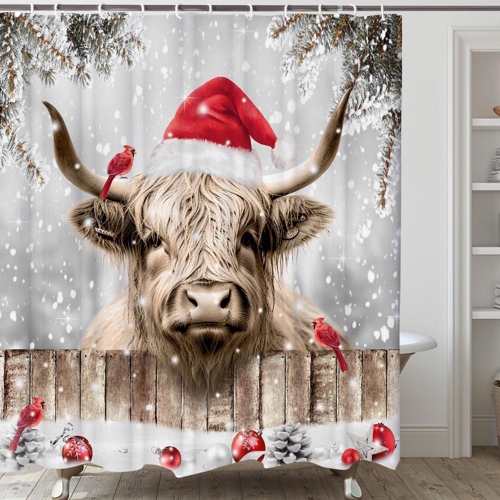 Highland Cattle Cow Bull Christmas Shower Curtain with Birds & Snowy Xmas Balls, Farmhouse Bathroom Decor Set for Holiday Style