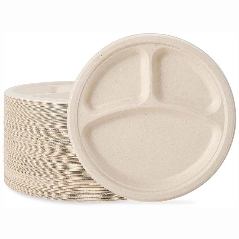 10/30Pcs Compostable 3 Compartment Plates, 8.85 inch Disposable Paper Plates, Eco-Friendly Biodegradable Bagasse Tray for Dinner