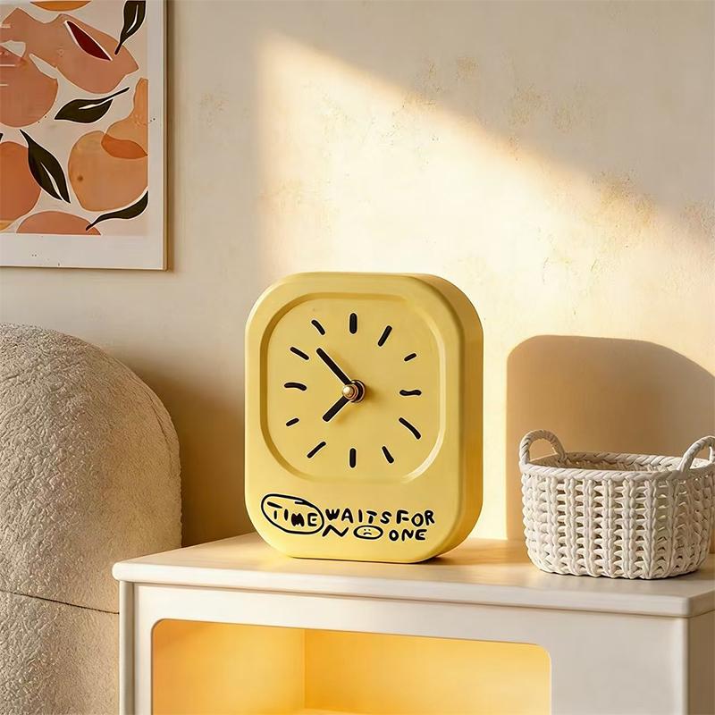 Cream Square Pendulum Clock Ornament Modern Desktop Clock Home Decor Silent Clock Student Bedroom Decoration Gift for Friends
