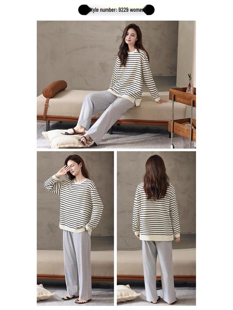 Women's Pure Cotton Pajamas with Chest Pad - Long Sleeve, Plus Size, for Autumn/Winter. Wearable Outdoors, Loose Fit Homewear.