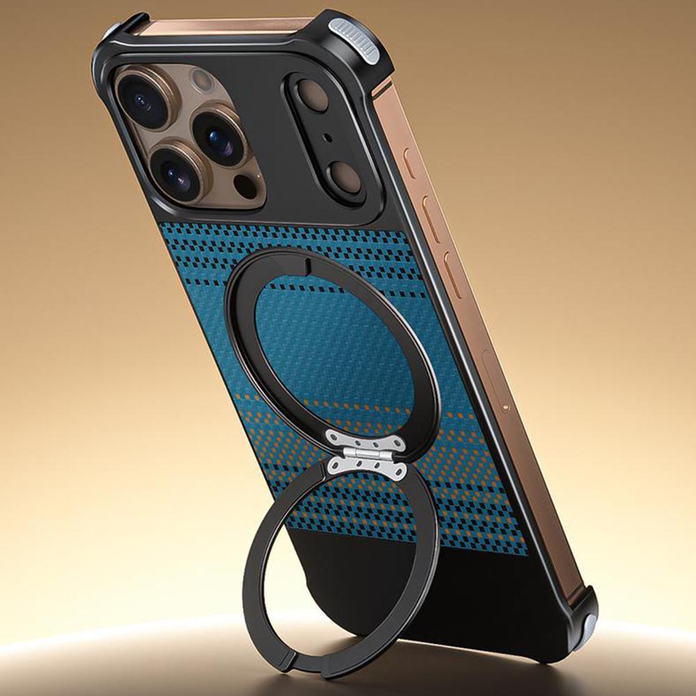 For iPhone 16 Pro Max Magnetic Case Borderless Carbon Fiber Texture PU Metal Phone Cover with Kickstand
