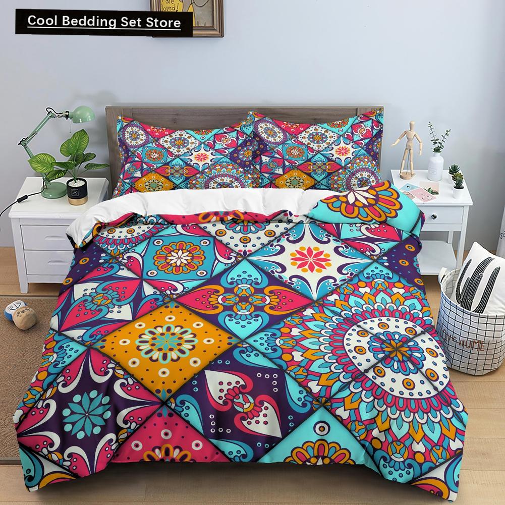 Geometric Mandala King Queen Duvet Cover Boho Ethnic Style Bedding Set for Teens Adults Mediterranean Soft Polyester Quilt Cover