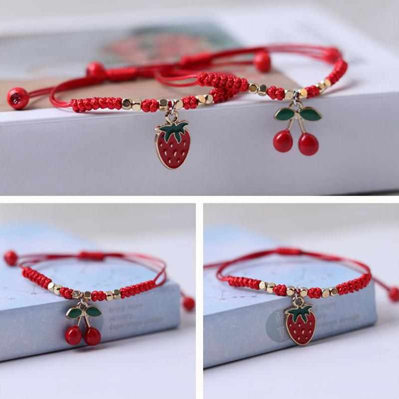 Strawberry Cherry Pendant Lucky Red Rope Braided Bracelet  Year Christmas Birthday Party Gift Fruit Accessory Bracelet