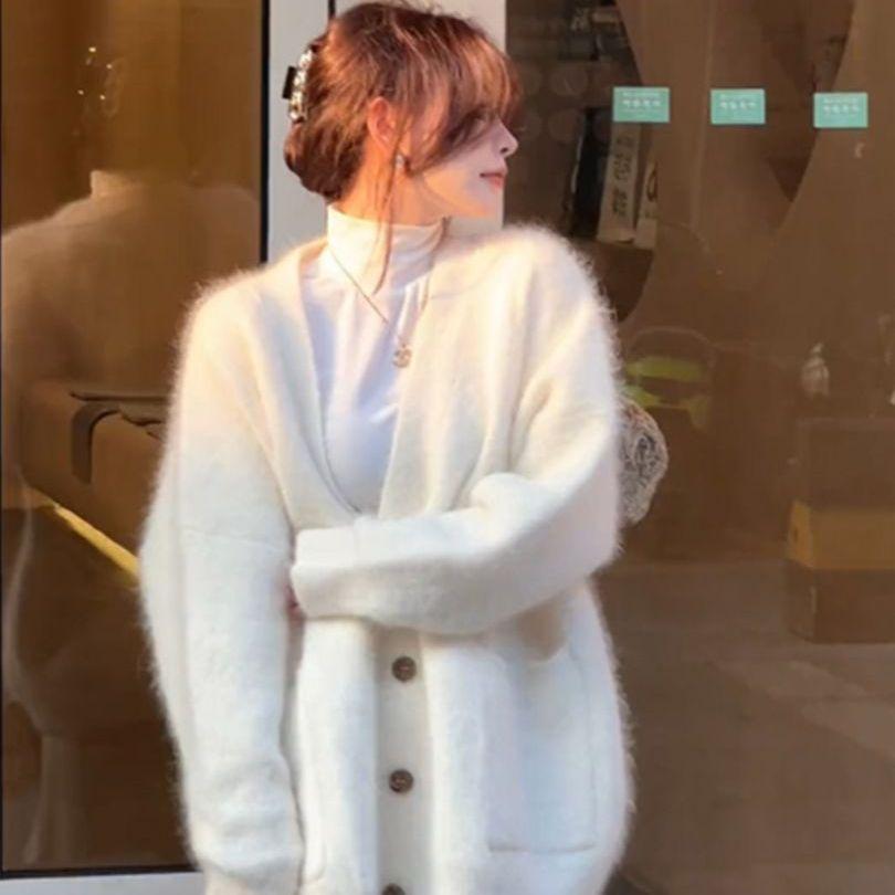 Velvet Coffee Raccoon Japanese Retro Loose Knitted Cardigan Sweater - Mid-Length, Spring & Autumn Style