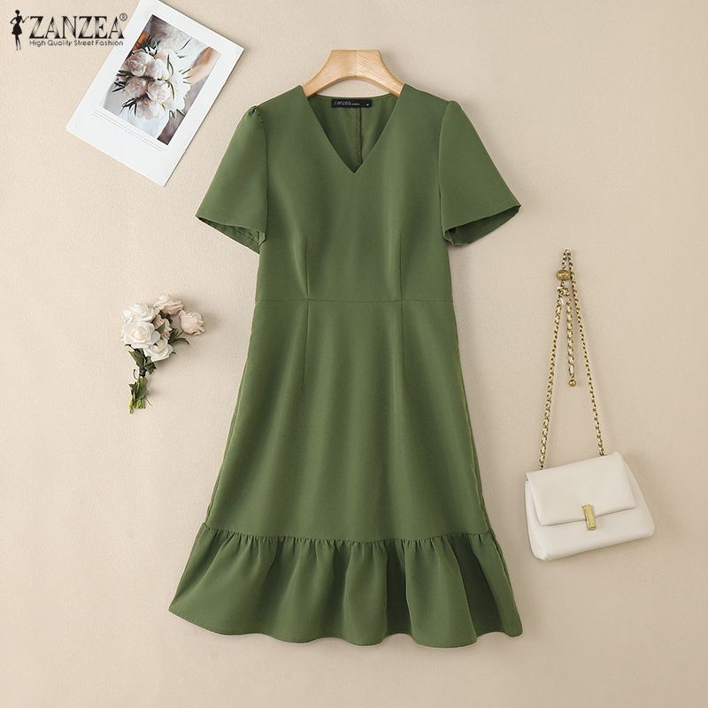 ZANZEA Women Summer V-Neck Short Sleeve Casual Ruffles Dress