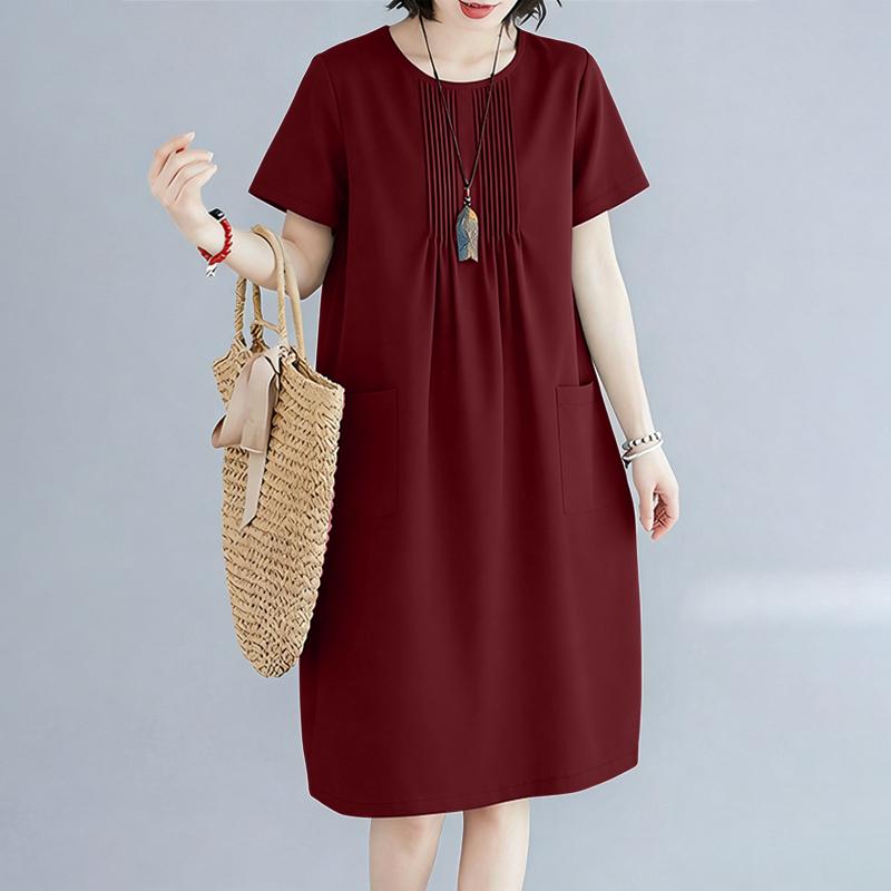 ZANZEA Women Casual Round Neck Solid Color Loose Short Sleeve Dress S