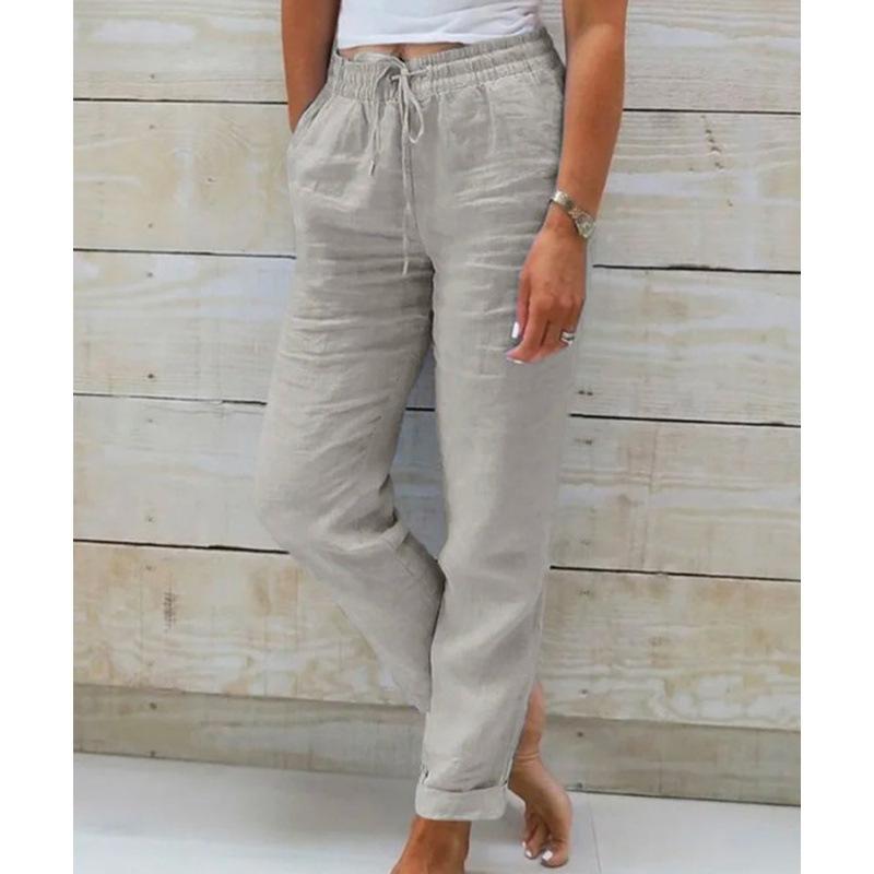 Mid Waist Elastic Waist Solid Color Cotton and Linen Casual Pants  Women’s Trousers