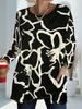 Women's large size with pocket design black and white abstract printed long-sleeved loose top, fashionable versatile casual T-shirt