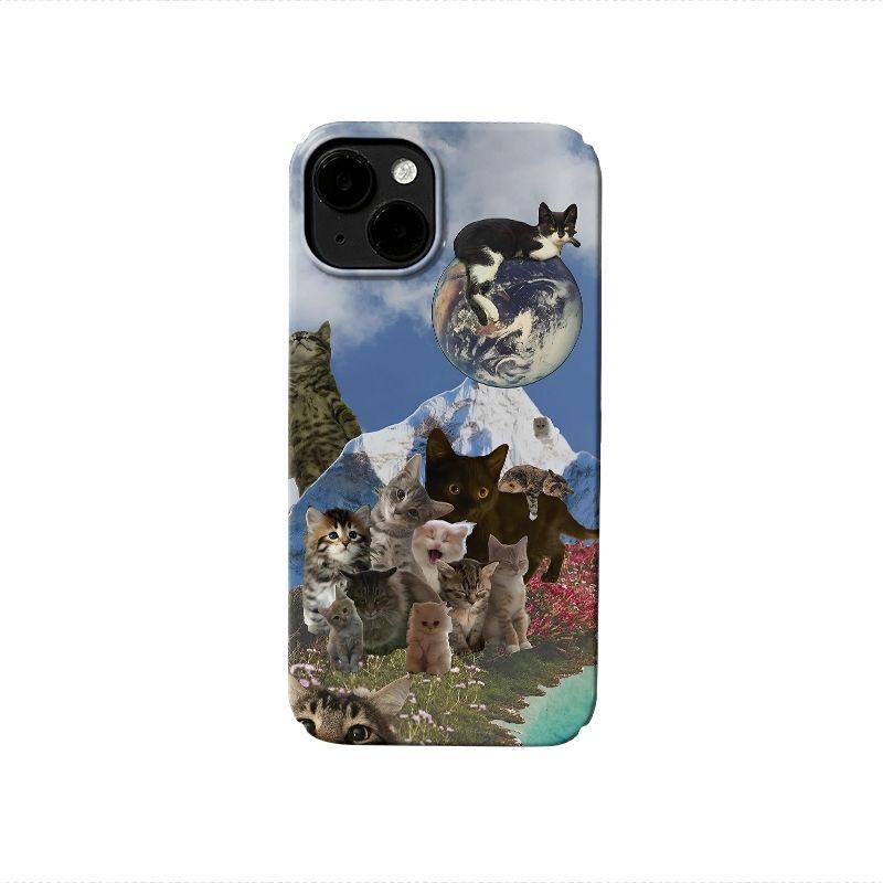 

Whimsical Cat Collage Mountain & Globe Playful Surreal Phone Case for iPhone 17 16 15 14 11 12 13 Pro Max Air Plus Back Cover iPhone 12 Pro