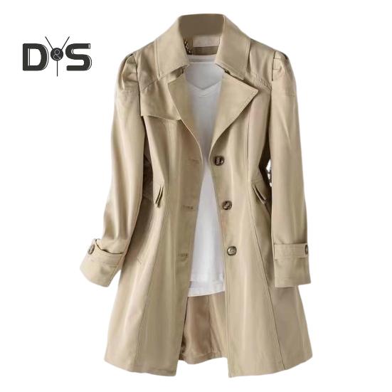 Women Fall Spring Coat Slim Fit Single-breasted Solid Color Turn-down Collar Pockets Mid Length Korean Style Overcoat Outdoor Jacket