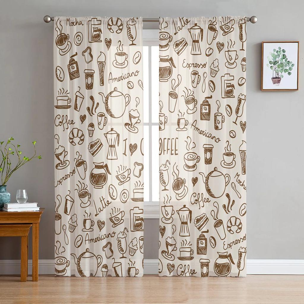 Vintage Text Coffee Tulle Curtains for Living Room Printed Sheer Voile Curtain Bedroom Window Screening Drapes Blinds Home Decor