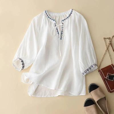 Damen Sommer Locker Binden Baumwolle V-Ausschnitt T-Shirt Siebenviertelarm Bequemes Stickerei Top