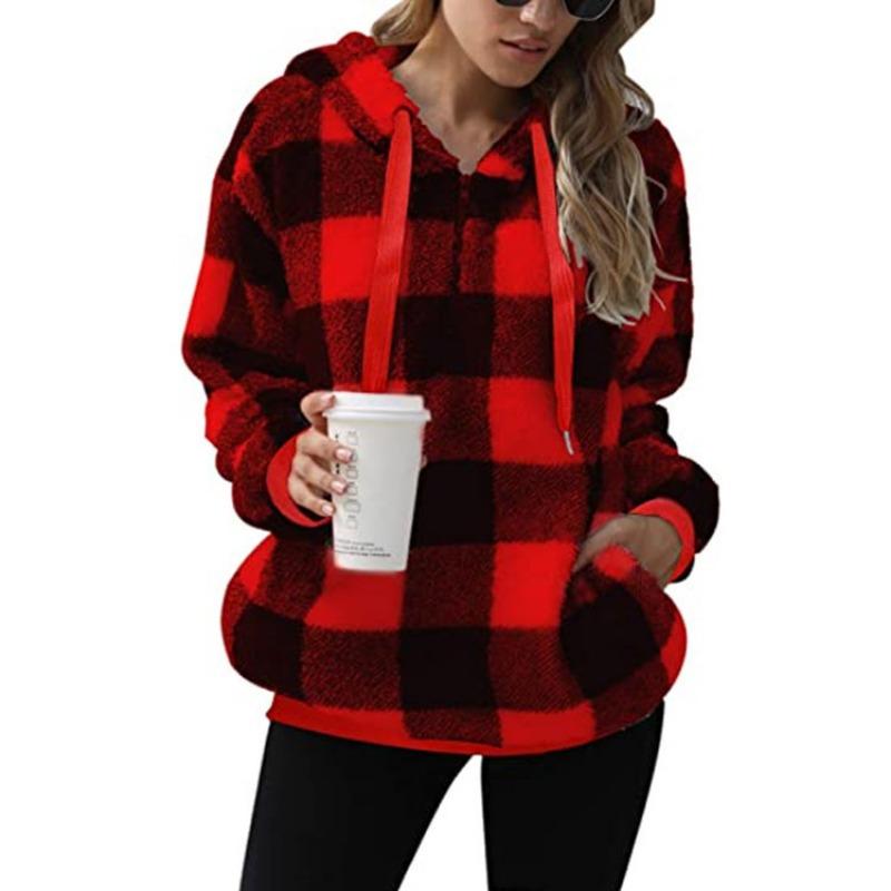 Damen S Langarm Kapuzen Plüsch Kariert Pullover Sweatshirt