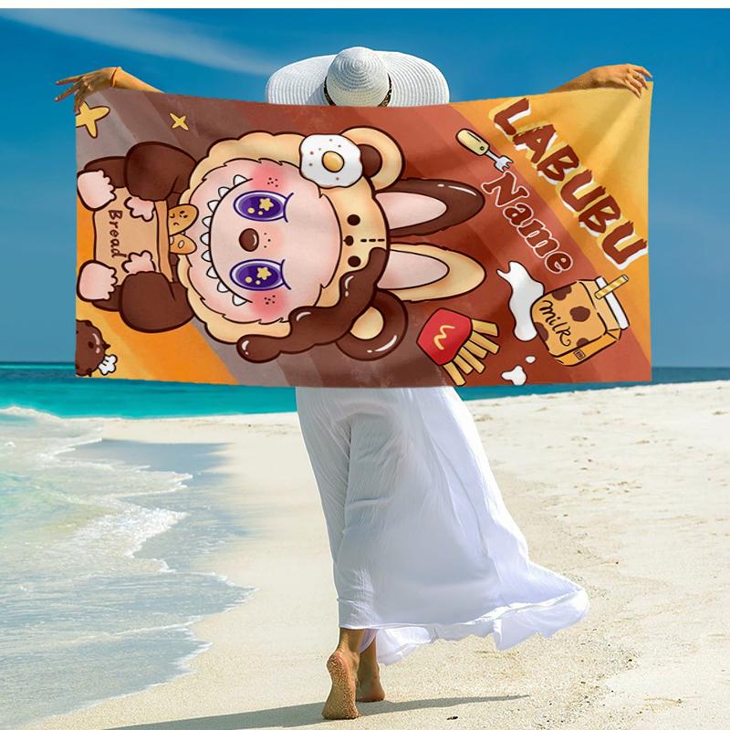 Custom Name Ultra-Soft Beach Towel with Labubu Theme,Ideal for Pool - Camping, Diving - Perfect Travel Essential, Vibrant Beach Towel.