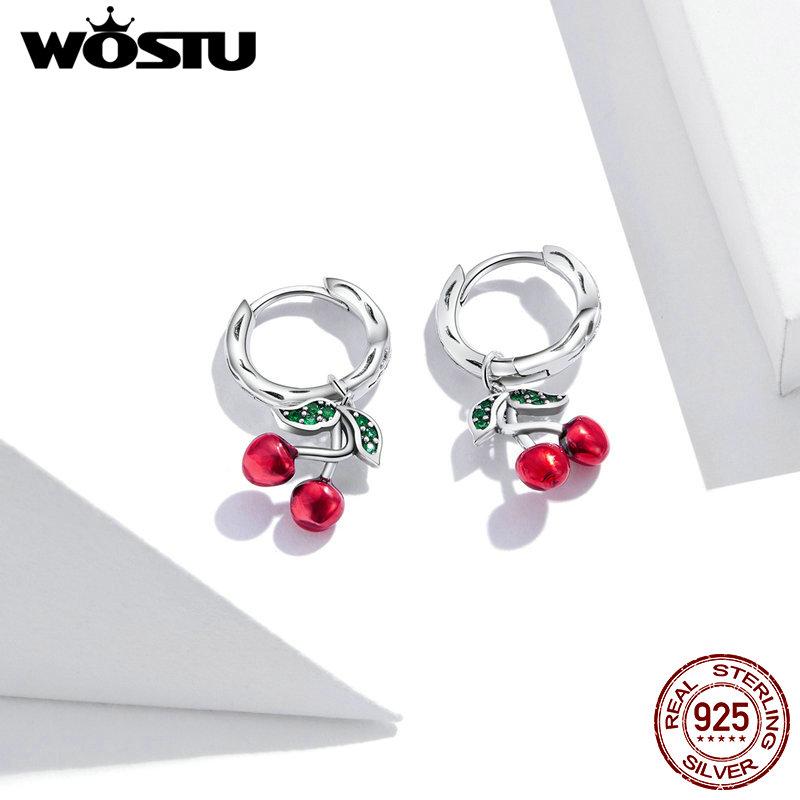 WOSTU 925 Sterling Silver Red Cherry Drop Dangle Earrings For Women Wedding Hoops Earrings Women Fine Jewelry GIft2