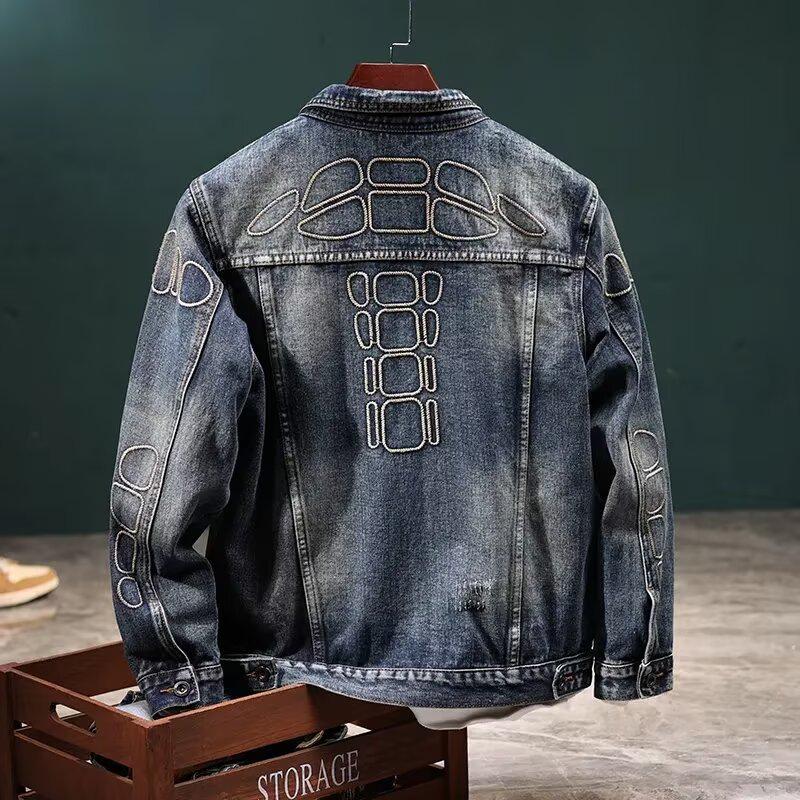 Men's Trendy Retro Embroidered Denim Motorcycle Jacket – Casual Loose-Fit, Versatile Autumn/Winter Style