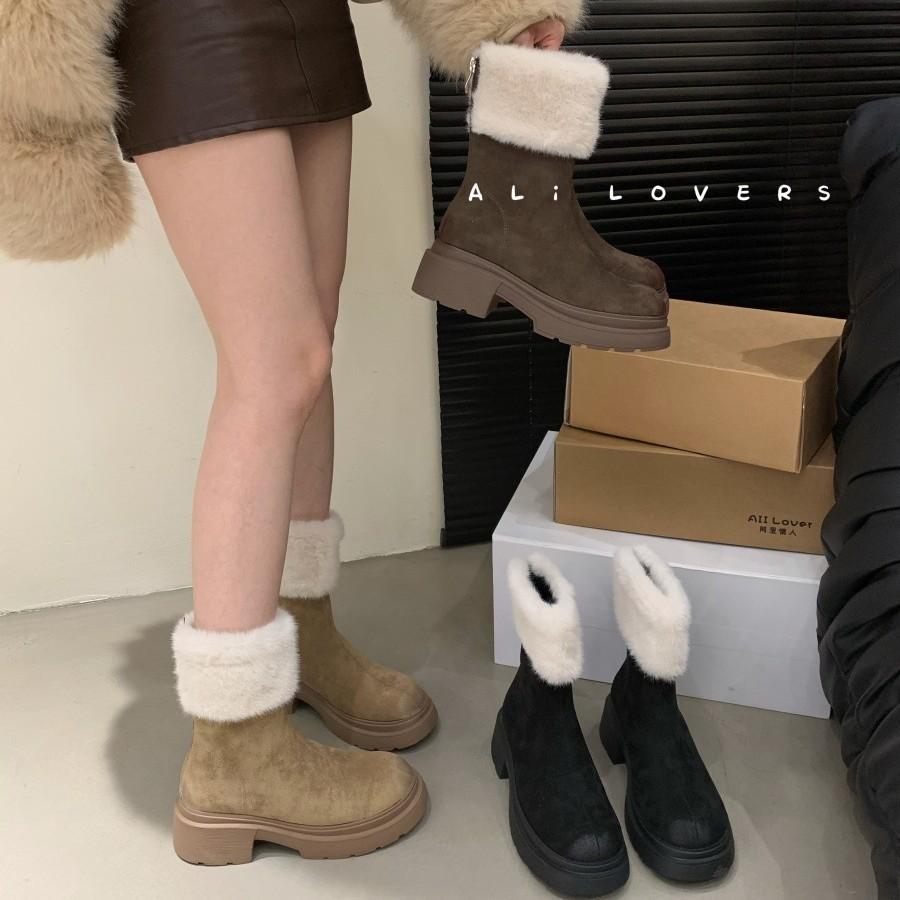 2025 Autumn and Winter New Korean Version Fashion Boots Round Head Rear Zipper Middle Heel Thin Martin Boots Large Size Short Fluffy Boots