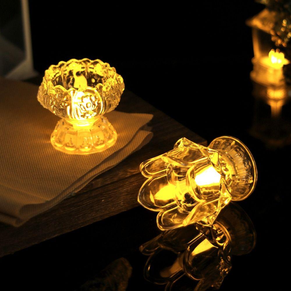 

2Pcs LED Electronic Lamp Transparent Temple Candle Light Decoration Lotus Candle Lamp Temple Style 1