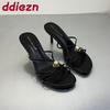 Fashion Black Footwear Metal Fashion Round Toe Ladies Medium Heels Sandals Female Slides Shoes Elegant Women Heeled Sandals Shoes Pumps