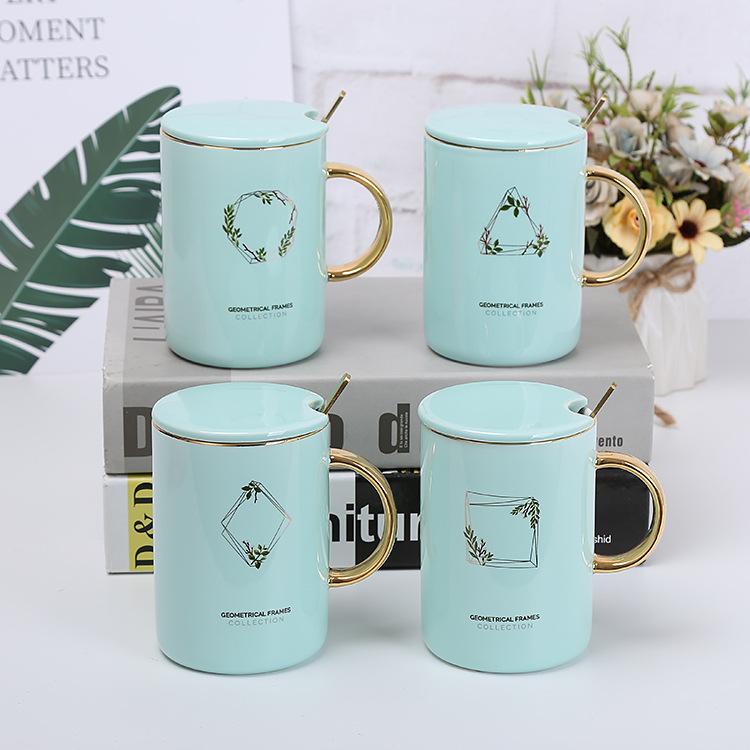 Leiwoceramics] Чашка с зеленым листом, чашка зеленая, керамическая чашка с позолотой, стакан для воды, скандинавская кружка, зеленое золото 301-400ml зелёный