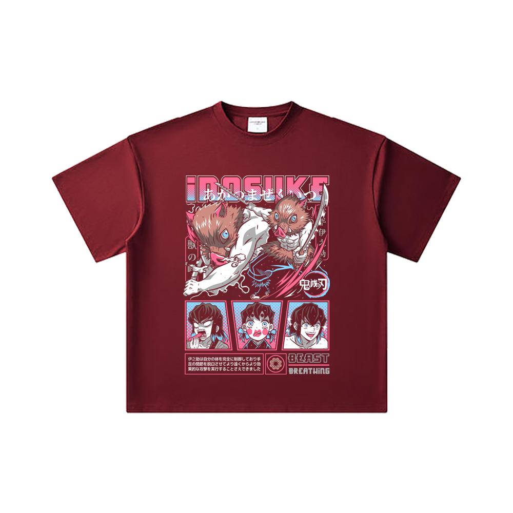 260 GSM Double Yarn 32 Count 100% Cotton Demon Slayer V28 Inosuke Print Unisex Heavy Cotton T Shirt