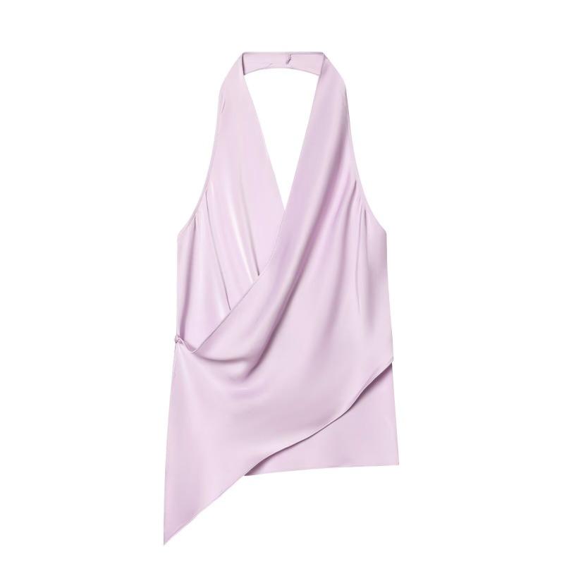 Top Eleganti da Donna in Raso con Scollo all'Americana a Pois Bianchi Scollo a V Schiena Scoperta Sexy Canotta Estiva per Festival Feste in Spiaggia Moda Camicetta