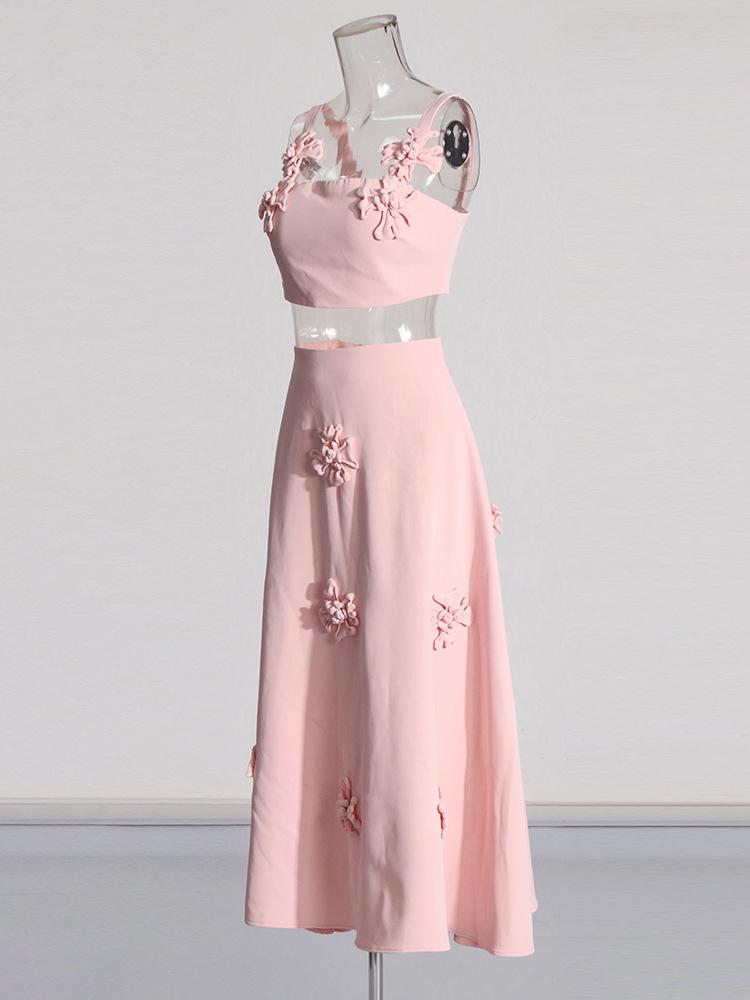 2025 French Retro Summer Floral Spliced High-Waist Midi Skirt and Sling Top Set