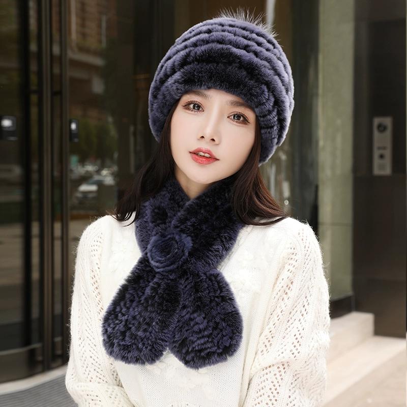 Fur Hat Female Autumn and Winter Rex Rabbit Hair Warm Ear Protection Scarf Two-piece Set Middle-aged and Elderly Grandma Casual Mother Hat
