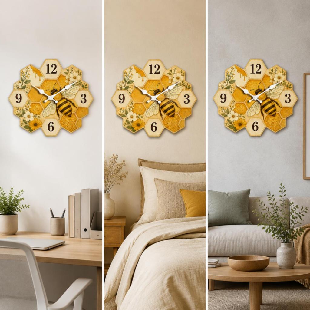 Honeycomb Floral Wall Clock Decorative Bee Motif Nature-Inspired