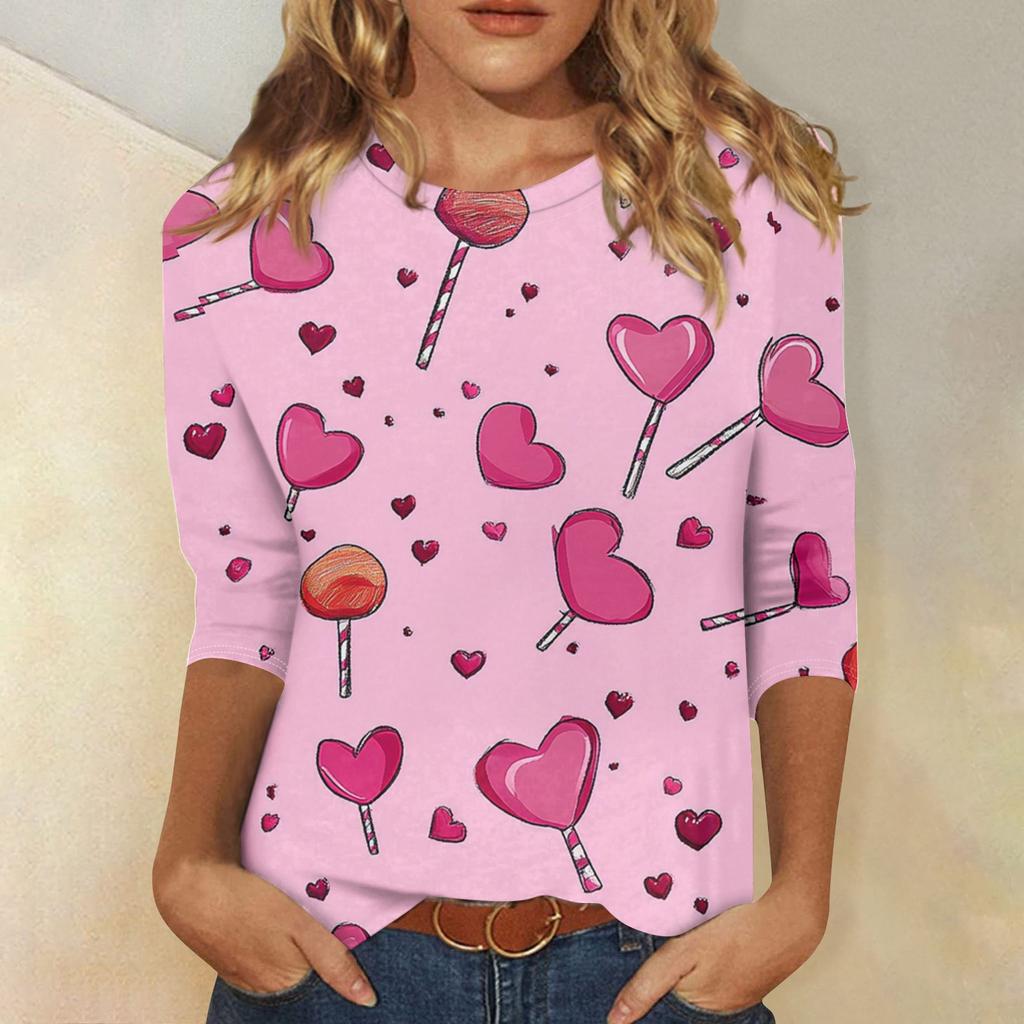 Women's Fashion Casual Round Neck 3/4 Sleeve Loose Printed T-Shirt Ladies Top
