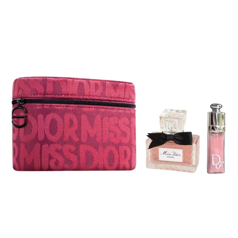 DIOR Miss Fragrance Lip Gloss Sample + Pink and Black Modern Cosmetic Bag Cosmetic Set Floral and Fruity Fragrance Parfum Jasmine Blackberry чёрный