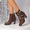 Damen Stiefeletten Mode Schnallenstiefel Damen 2026 Frühling Herbst Große Größen Kunstwildleder Seitenreißverschluss Damen Hoher Absatz Botas Mujer