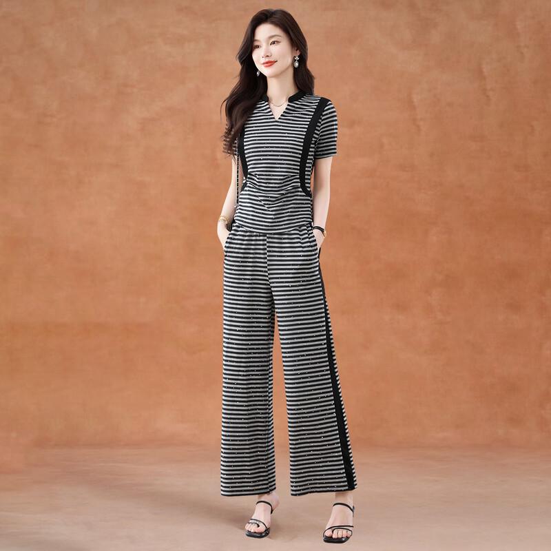 Women's Fashion Striped Wide-Leg Pants Set