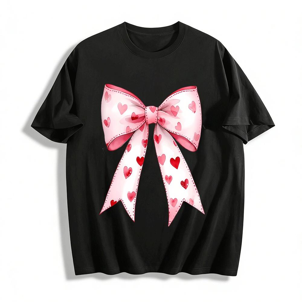 Heart Bow Print Sweet Style Casual Daily Versatile Top Pure cotton T-shirt XXS