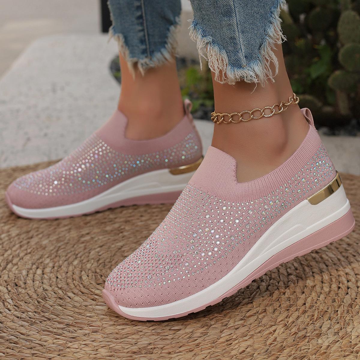 

Orange Rhinestone Casual Sneakers Breathable Wedge Women Lightweight Shoes Slip On New Comfortable Spring Mesh Sports Shoes 37