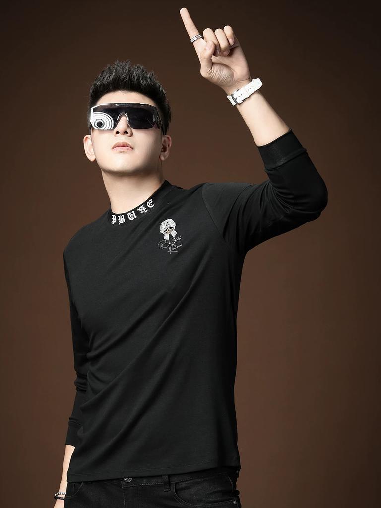 European Long-Sleeve T-Shirt for Men, 2025 Autumn New Fashion Brand, Semi-High Collar, Slim Fit, Rhinestone Embellished Base Shirt, Men's T-Shirt