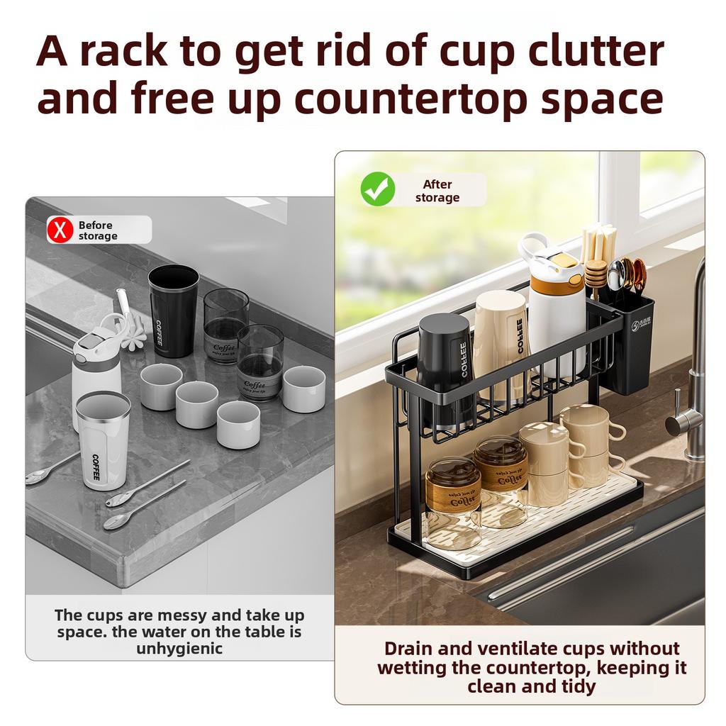 Double-Layer Desktop Cup Holder Household Inverted Drainage Rack Tea Set And Tea Cup Storage Organizer Kitchen Accessories