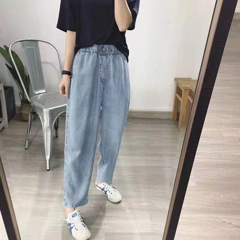 Women's Light Blue High-Waisted Tencel Denim Jeans, Loose Straight Leg, Petite & Plus Sizes, Summer Thin Style