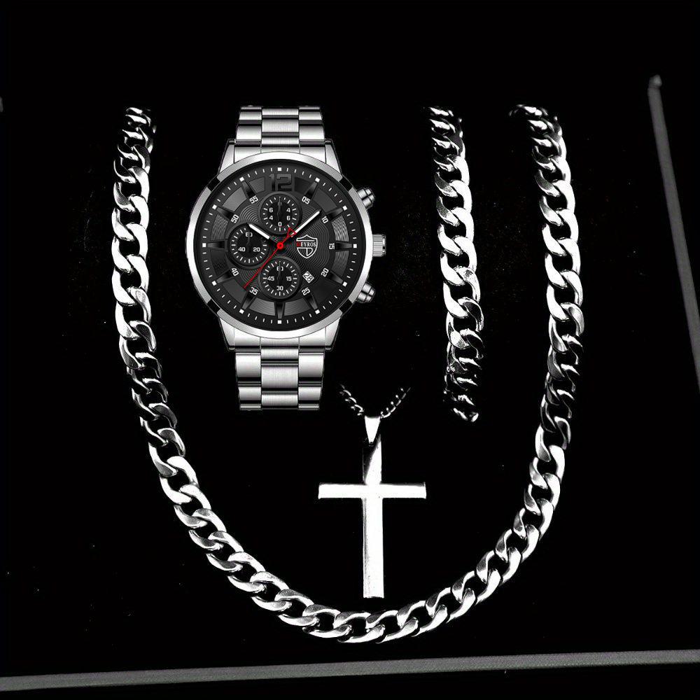 Watch Four-Piece Men'S Accessories Watch Necklace Bracelet Cross Necklace Men'S Quartz Watch