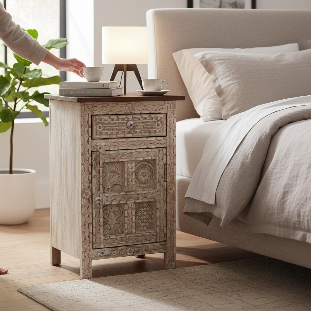 Wood Carved Side Cabinet Bedside Storage With Desk Drawer,Living Room End Table Furniture-Sideboard Drawer-Wood Cupboard Nightstand
