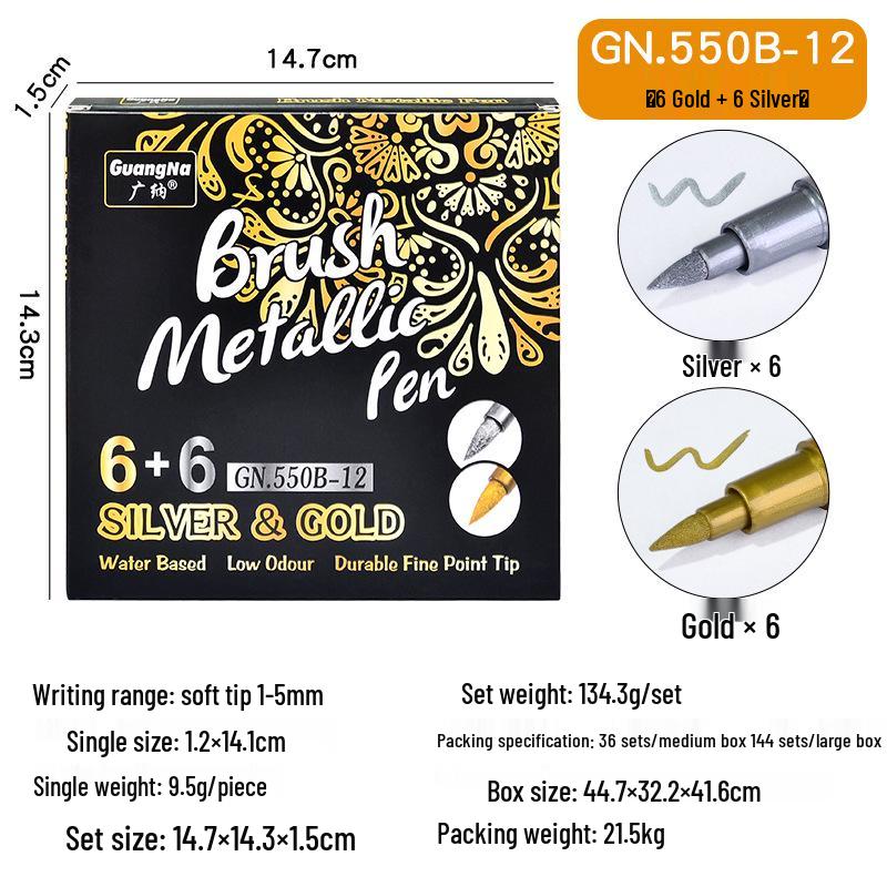 GN550B Metallic Kleur Zachte Punt Markers - Goud, Zilver, Koper Borstel Graffiti Pennen
