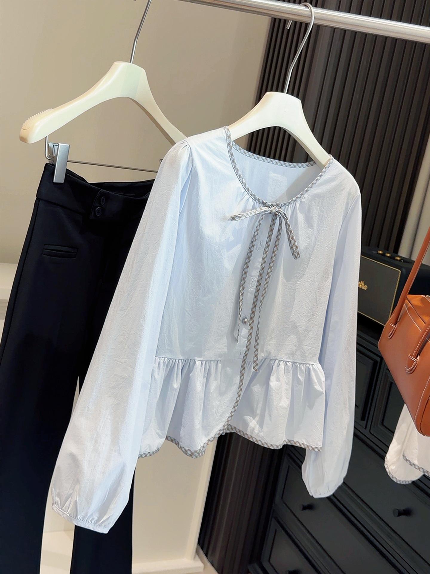 

Korean Style Plaid Bow Lace-up Doll Shirt - Women s Elegant Long Sleeve, Slimming, Age-Reducing, Loose Fit, Spring Top One Size синий