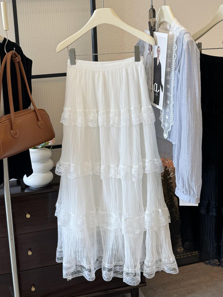 Textured Lace Layered Midi Skirt for Spring/Summer - Women s Sweet Sheer Mesh Skirt One Size белый